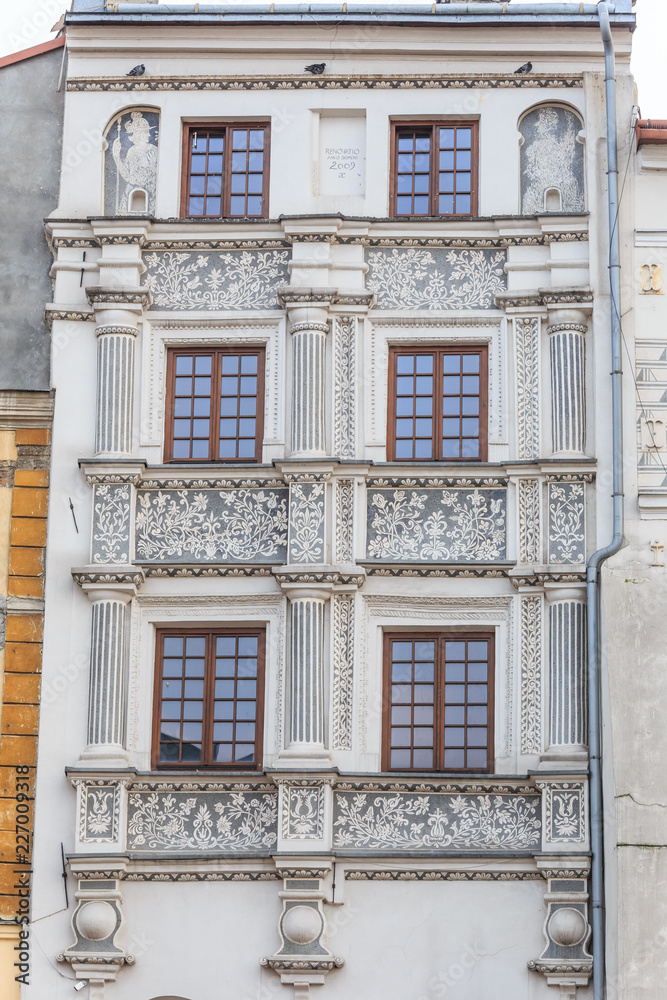 Fragments of facade of an Art Nouveau tenement house located on southern frontage of Old Market Square in Przemysl, Poland  - obrazy, fototapety, plakaty 