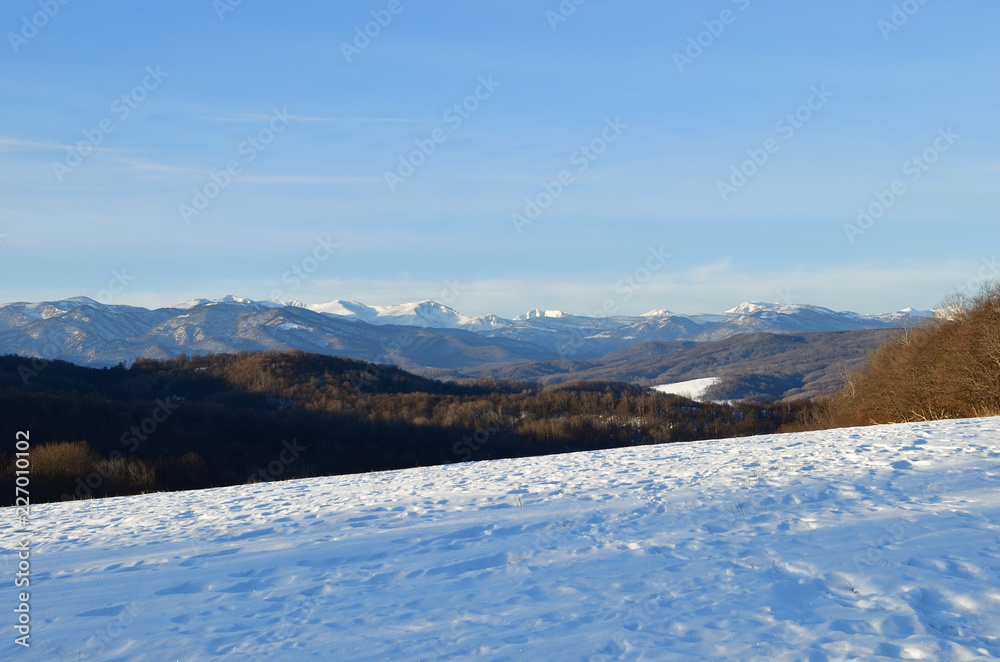 View of the Caucasus mountains at winter