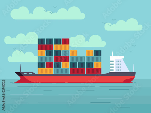 Cargo ship with colored containers in ocean or sea water vector illustration