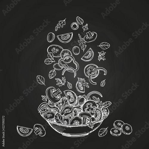Hand drawn salad isolated on chalkboard background. Sketches healthy food bowl with tomatoes, ollives, greens illustration