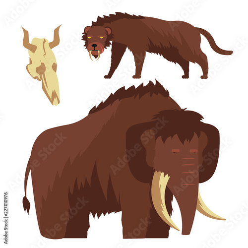 Stone age animals. Mammoth and saber-toothed tiger vector illustration isolated on white background