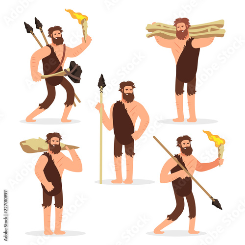 Stone age primitive men cartoon character of set. Vector illustration