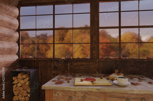 Herbstliche Ruhe mit Literatur und Kaffee in einer Holzh  tte geniessen. 3D Rendering