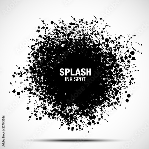 Splash ink spot. Drops black texture isolated on white background. Grunge abstract blot of splash spots. Sphere of black random blots. Vector design element.