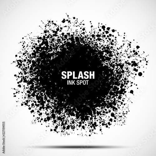 Splash ink spot. Drops black texture isolated on white background. Grunge abstract blot of splash spots. Sphere of black random blots. Vector design element.