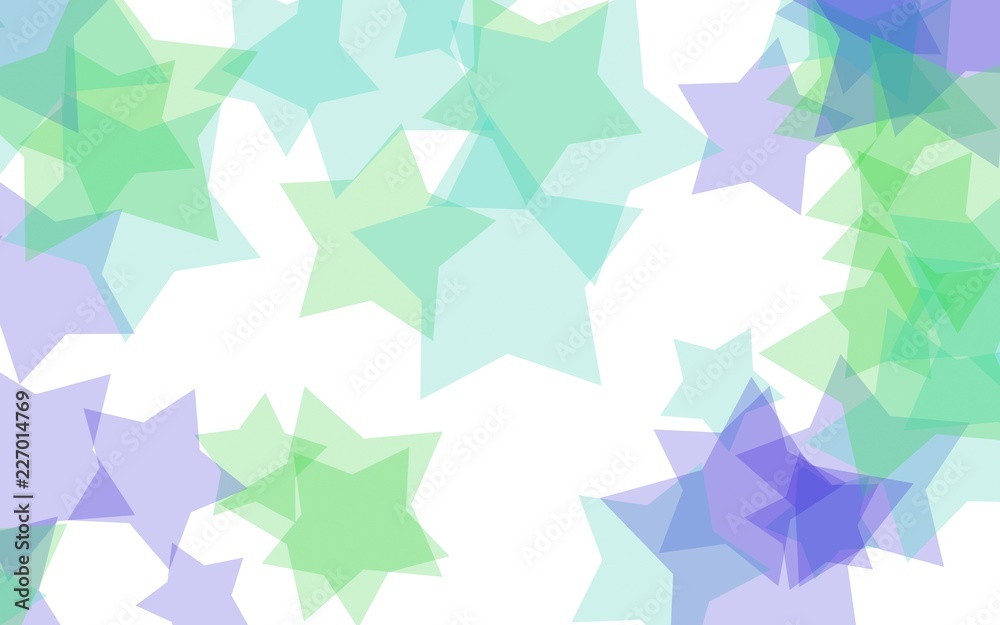 Multicolored translucent stars on a white background. Green tones. 3D illustration