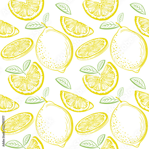 Lemon seamless pattern. Ink sketch lemons. Citrus fruit background. Elements for menu  greeting cards  wrapping paper  cosmetics packaging  posters etc