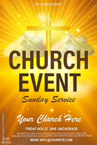 Christian poster template invitation. Religious flyer card for the Church service event. Bible quote design. Flat thin line stroke vector concept. Modern minimal illustration with cross and clouds.