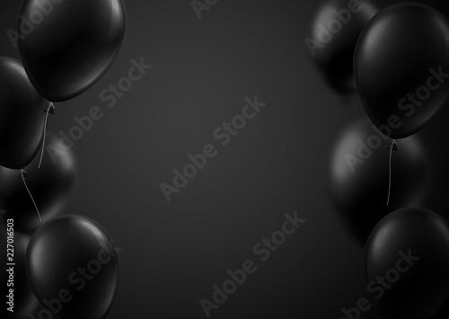 Black holiday background with balloons. Holiday decoration.