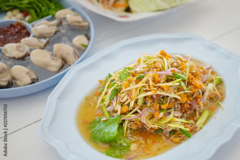 Crab's spawn salad special Sea food in Thailand.