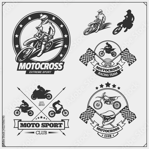 Set of motor sport silhouettes, labels and emblems. Motocross jumping riders, moto trial, moto freestyle and motor racing.
