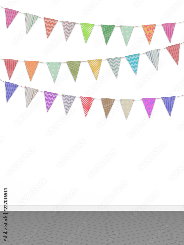Multiple colored little flags on white wall Multiple colored little flags on white wall
