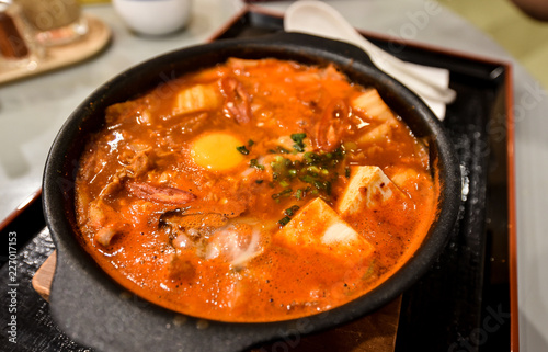 Kimchi soup in hot pot with tofu, Korean food