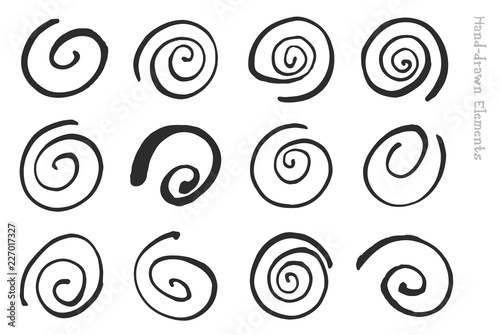 Square spirals, hand-drawn vector set of logo lelements isolated on white