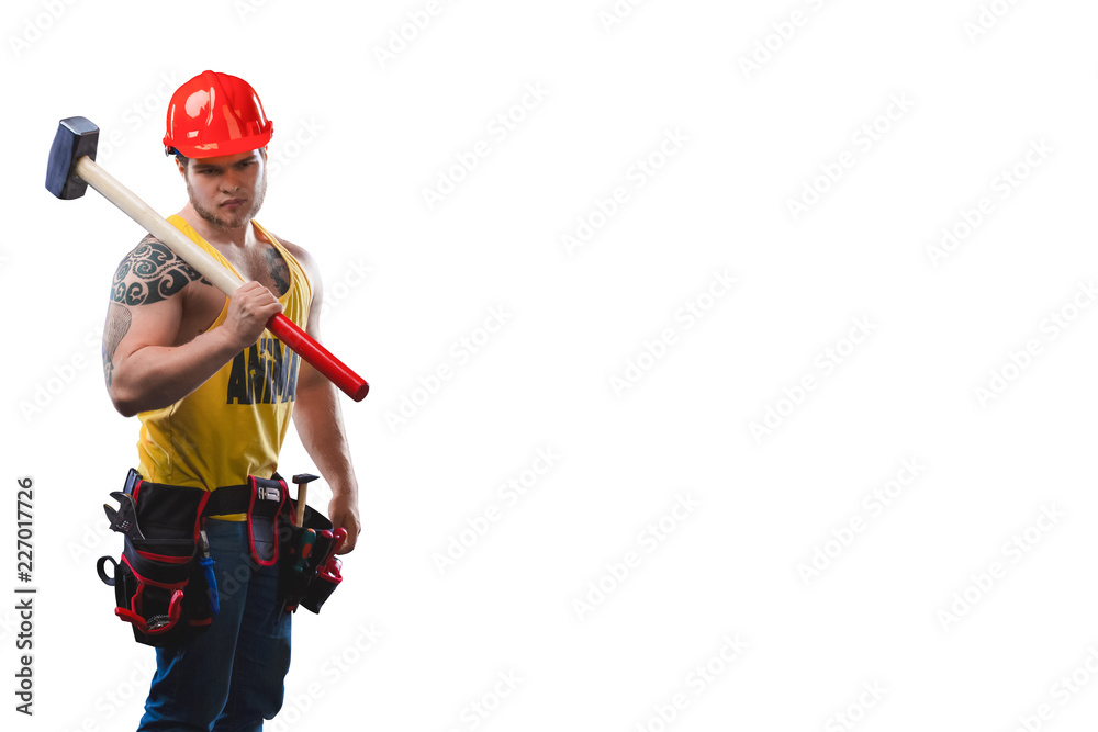 Strong build construction worker with big hammer isolated in white Stock  Photo | Adobe Stock