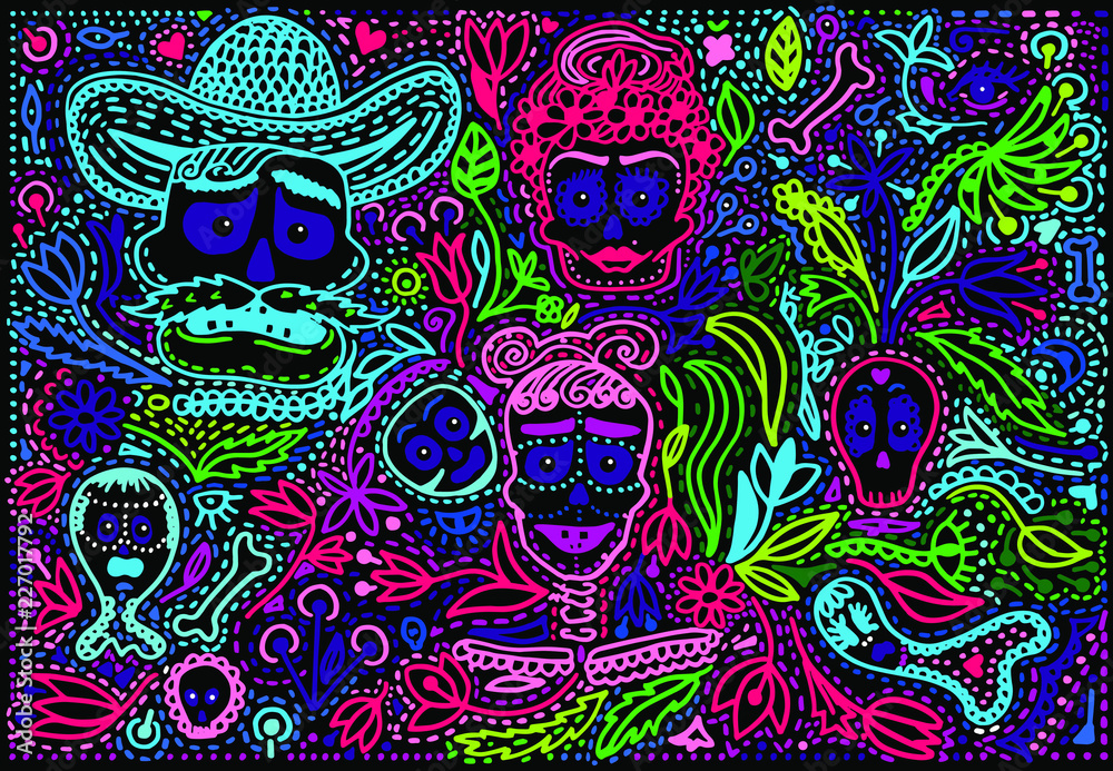 Colored Day of The Dead Sugar Skull with ornament Colored Day of The Dead Sugar Skull with ornament