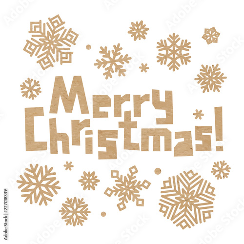 Rough incription Merry Christmas and snowflakes cut out of craft paper. Cardboard snow stickers. Vector carton winter holidays decoration on white background