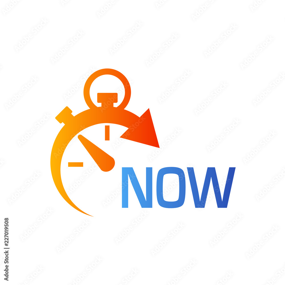 Icono plano cronometro con NOW en azul y naranja