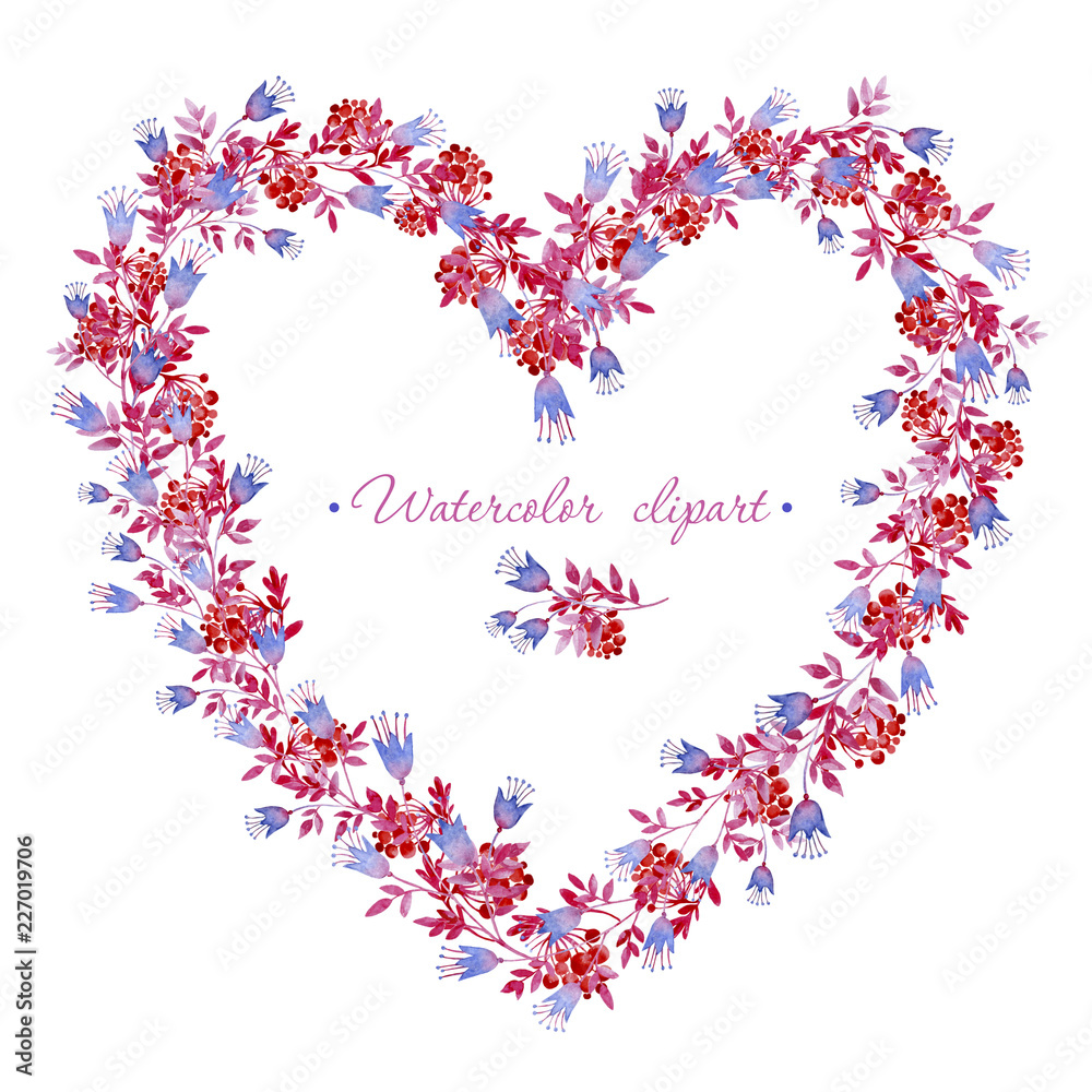 Floral blue, pink and red wreath heart shaped. Cliparts for wedding design, artistic creation.