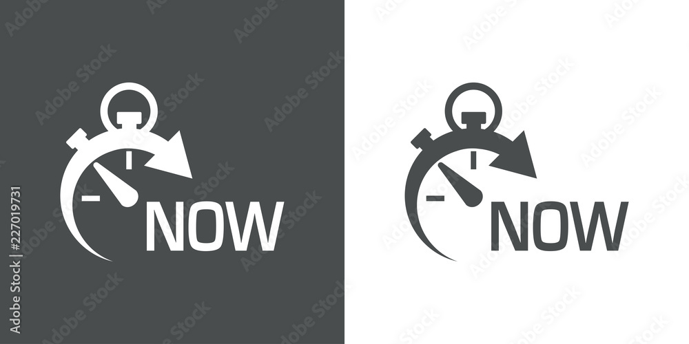 Icono plano cronometro con NOW gris y blanco