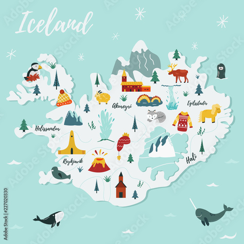 Fotografie, Obraz Iceland cartoon vector map. Travel illustration