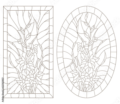 A set of contour illustrations of stained glass Windows with gladiolus in frames, dark contours on a white background, oval and rectangular image