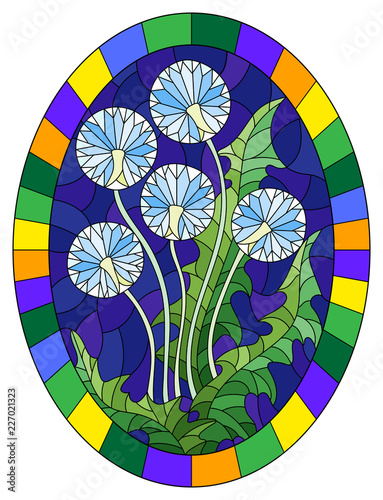 Fototapeta Naklejka Na Ścianę i Meble -  Illustration in stained glass style flower of  Taraxacums on a blue background in a bright frame,oval  image