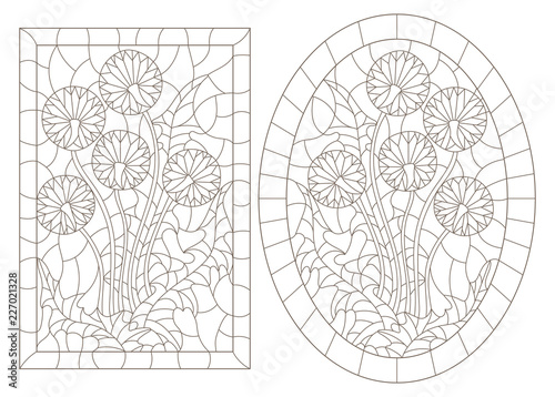 A set of contour illustrations of stained glass Windows with  Taraxacums in frames, dark contours on a white background, oval and rectangular image
