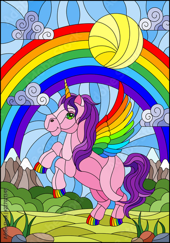 Illustration in stained glass style with pink cartoon unicorn on rainbow background, greenery and sky