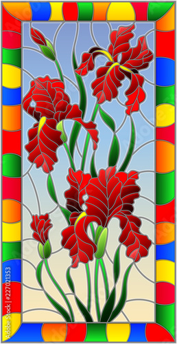Fototapeta Naklejka Na Ścianę i Meble -  Illustration in stained glass style flower of red irises on a sky  background in a bright frame,rectangular  image