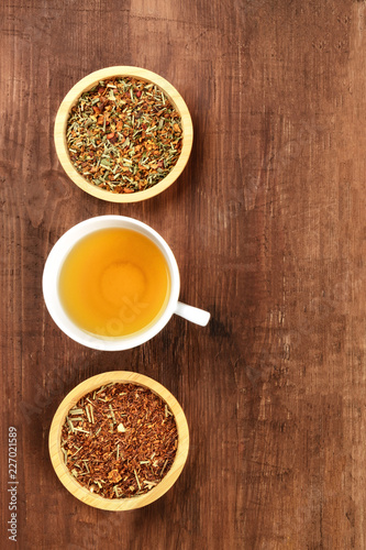 An overhead photo of tea, on a dark rustic background with a place for text