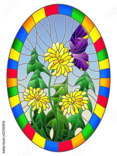 Fototapeta Naklejka Na Ścianę i Meble -  Illustration in stained glass style flower of Taraxacum and purple butterfly on a sky background,oval image in bright frame 