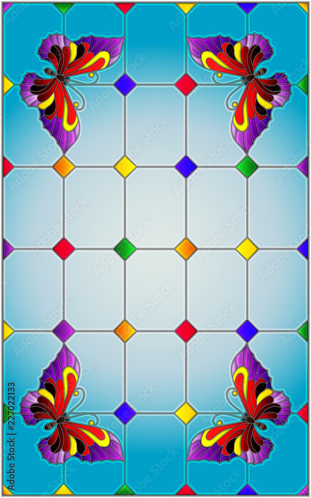 Illustration in stained glass style with bright red butterflies on a segmented window background, on a blue background