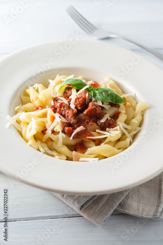 Piatto di pasta con ragu di cinghiale e pecorino, Italian food