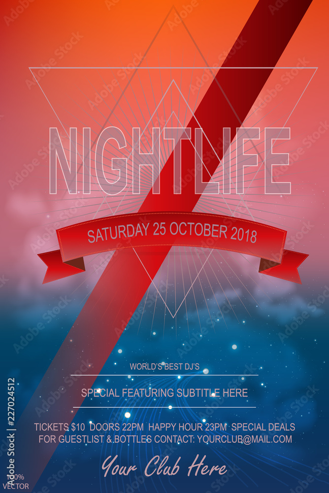 Invitation & event card template Night Dance Party Poster Background  Template. Festival Vector mockup. DJ poster design with bokeh and red  ribbon. EPS 10. Vector on grunge cloud background Stock Vector |