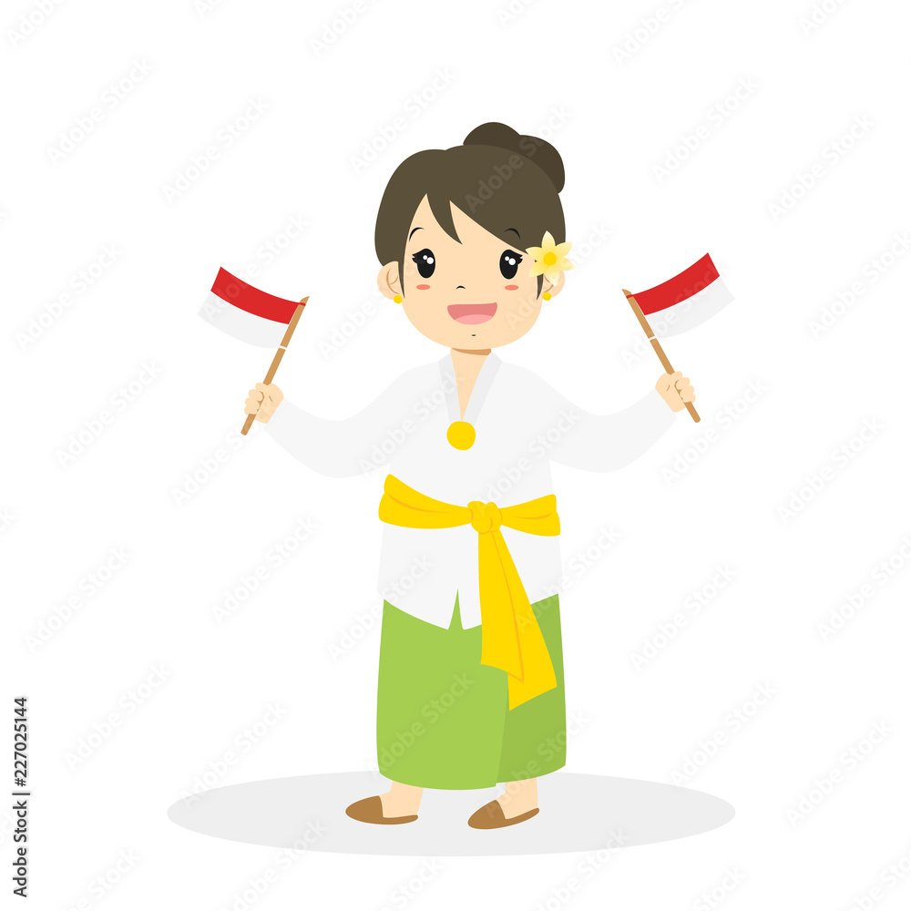 Fototapeta premium Happy Indonesian girl wearing Bali traditional dress and holding Indonesian flags cartoon vector