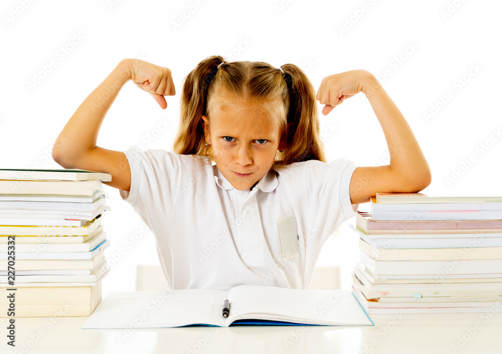 Sweet happy little girl feeling happy strong and ready to go back to school Sweet happy little girl feeling happy strong and ready to go back to school
