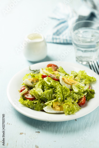 Fresh green salad with tomatoes and hard boiled egg