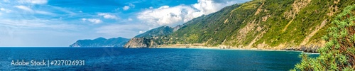 Panoramic view of mountains and ocean near Manarola Italy
