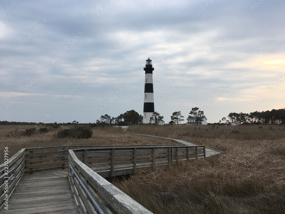 Boardwalk through marsh to the Bodie Lighthouse in Nags Head, North Carolina