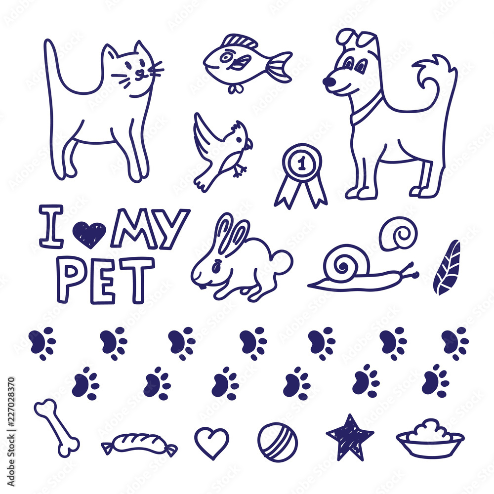 Fototapeta premium Drawing pet doodle collection. Home animal set with cat, dog, carrot, fish, rabbit, snail and accessories