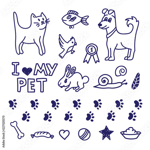 Drawing pet doodle collection. Home animal set with cat, dog, carrot, fish, rabbit, snail and accessories