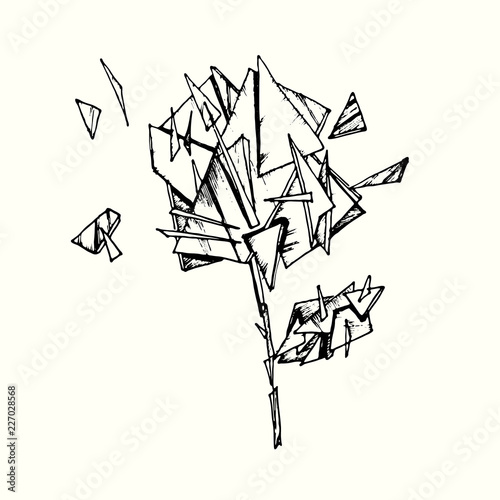 Drawing illustration of rose made with glass shards and pieces. Conceptual hand drawn illustration.