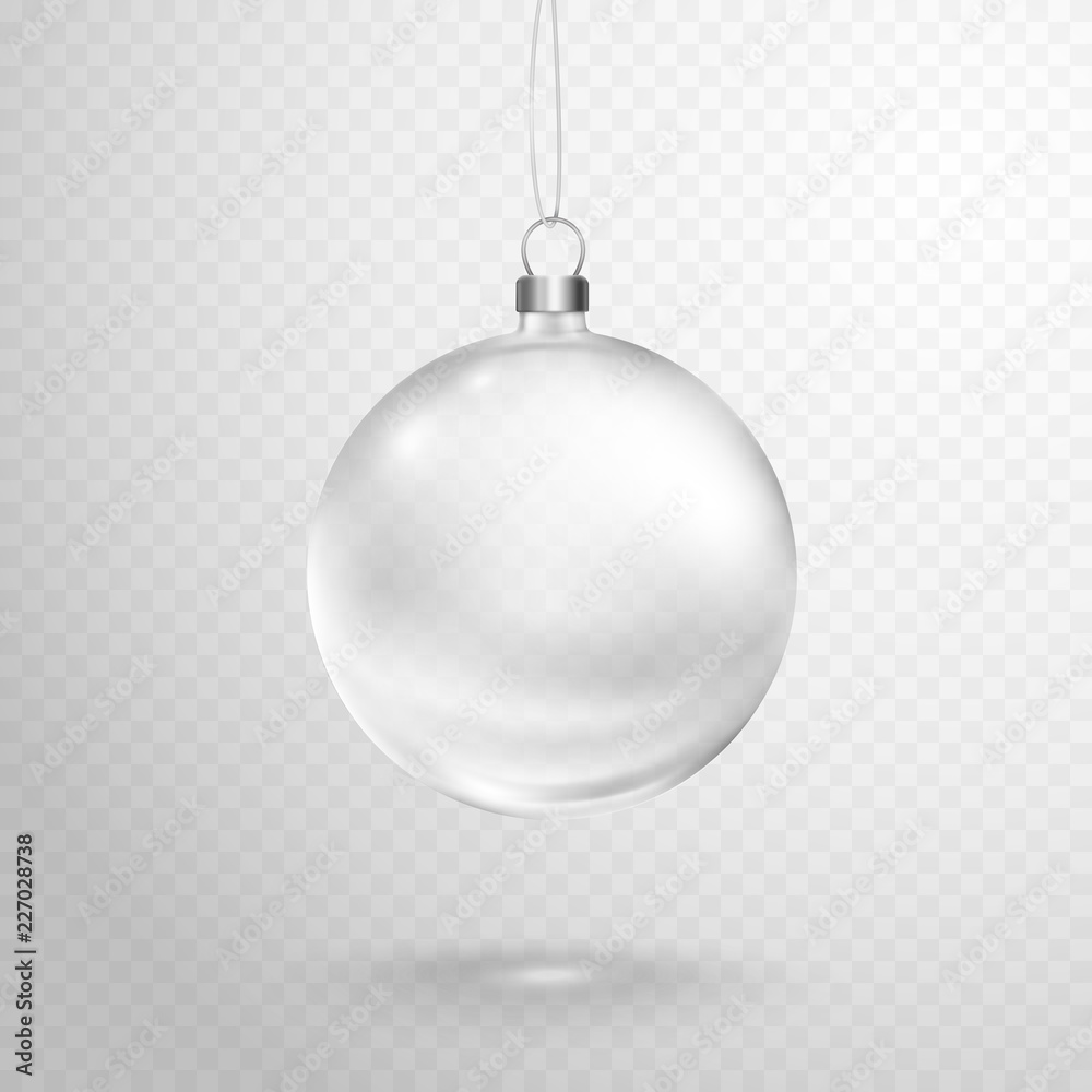Christmas tree ball with silver ribbon isolated on transparent background. Vector translucent glass xmas bauble template. - obrazy, fototapety, plakaty 