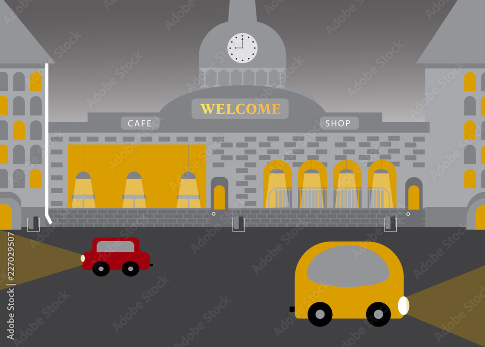 City landscape in flat vector style. Evening time