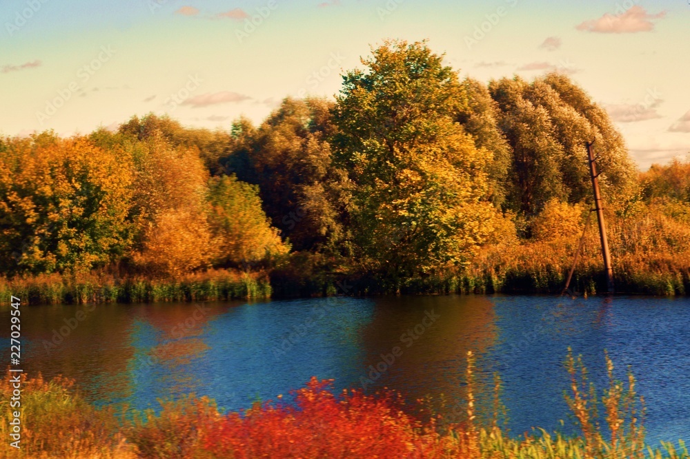 Fototapeta premium Autumn trees of green, yellow and red colors. Blue water reflection. Color photo taken in Russia.