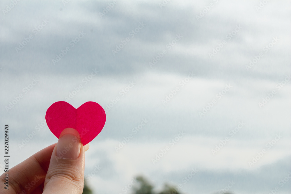Woman hand holding paper pink heart over sky with tree background. Woman hand holding paper pink heart over sky with tree background.