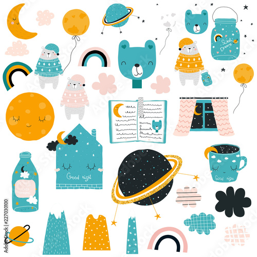Set of sweet dreams elements. Cute kids clip art. Vector hand drawn illustration.