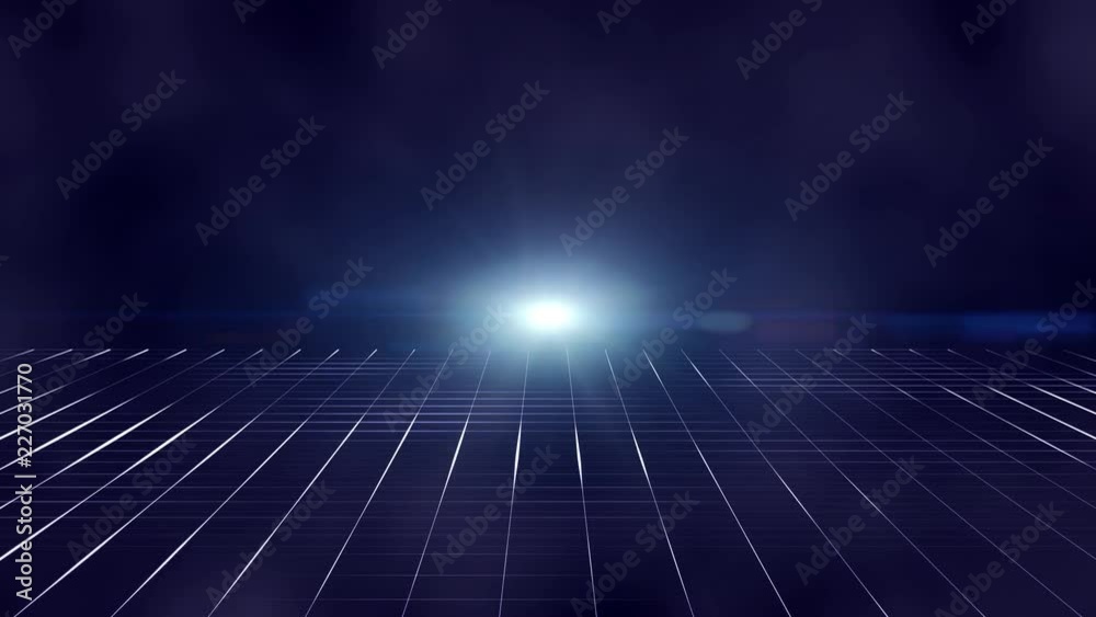 Technology grid background with copyspace. Futuristic 3D perspective with moving camera.