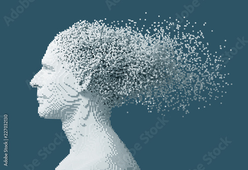 Desintegration On 3D Pixels Of Digital Man's Head On Blue Background